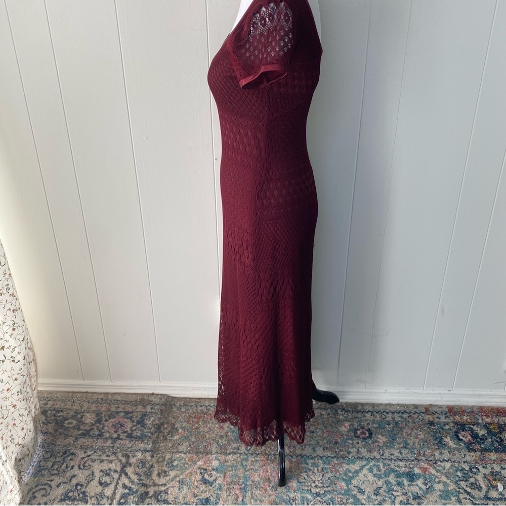 VTG Y2K Burgundy Bodycon Midi Dress Crochet Short Sleeve Daphne Frasier‎ Sz S - Picture 8 of 13